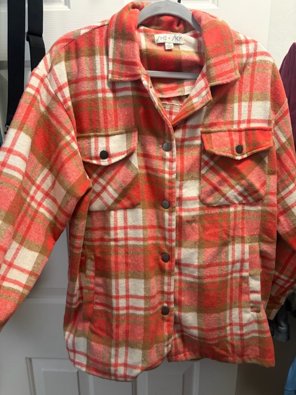 She + Sky Coral Plaid Snap-Front Shacket